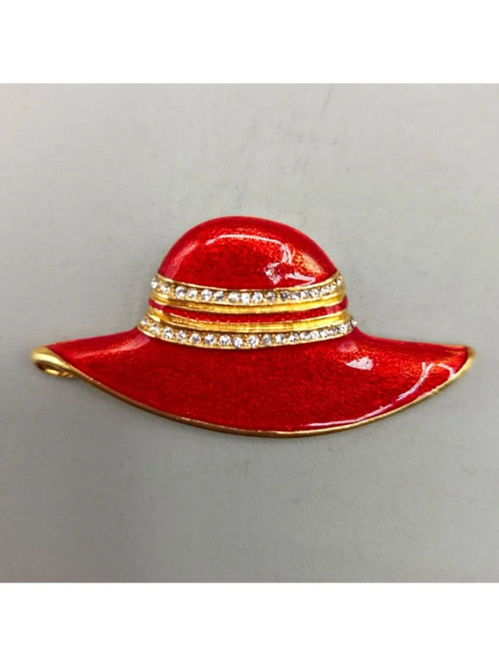Vintage Red Hat Society Brooch Pin Red Enamel Rhinestone Gold Tone 2